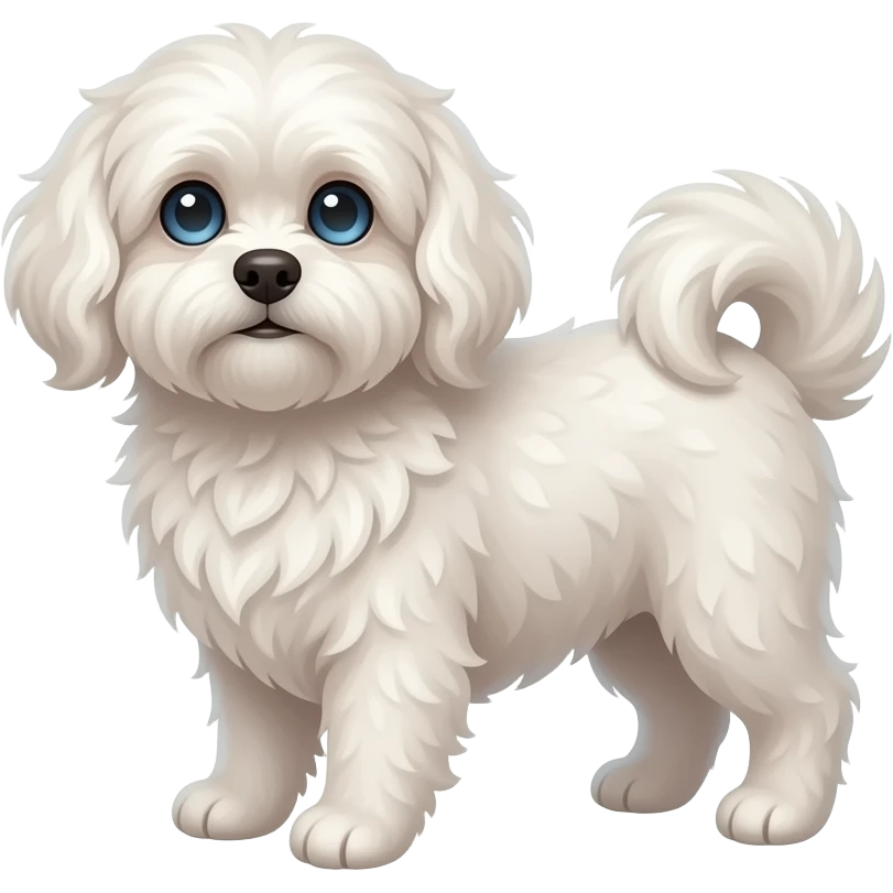 Elderly woman blue eyes very curly hair with maltese dog emoji