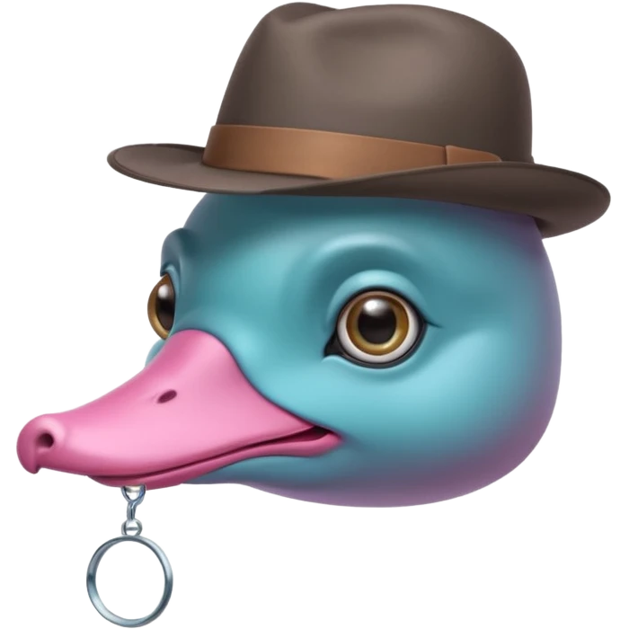 cute light blue turqiouse platypus head, mysterious with very big eyes with a detective hat and monocle on his eye, no  hands, looks like a platypus but blue, the hat and suit are pink emoji