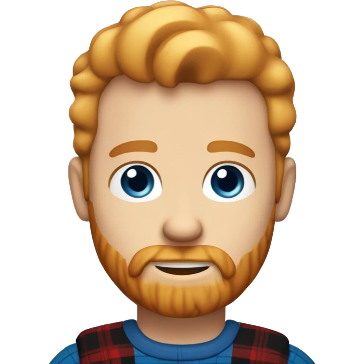 Blond ginger well groomed bearded caucasian man, short hairs, large forehead, blue eyes, red cheeks, black and red lumberjack shirt emoji