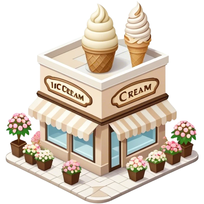 isometric exterior view of a beige and white ice cream shop adorned with abundant florals emoji