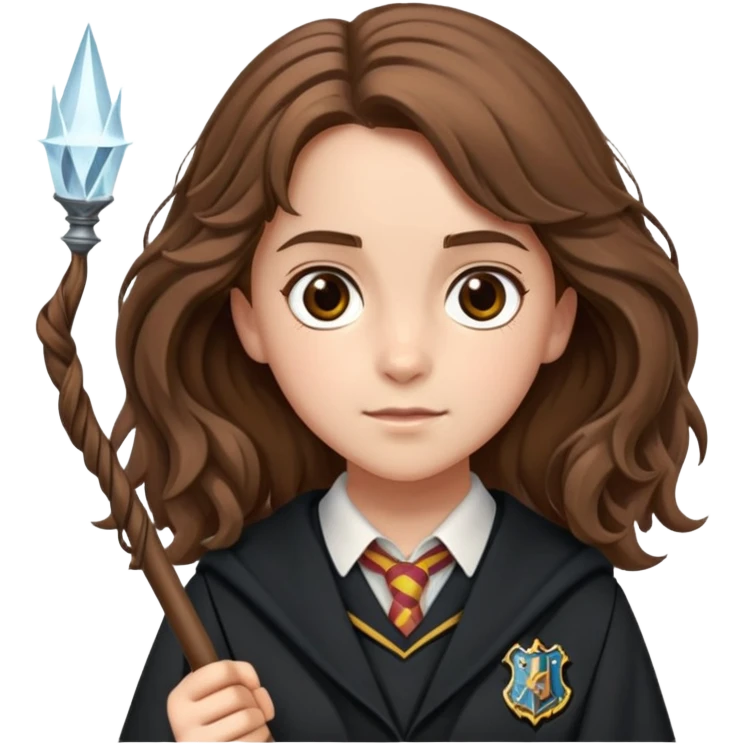 Hermione Granger with bushy brown hair, wand, and Hogwarts uniform emoji
