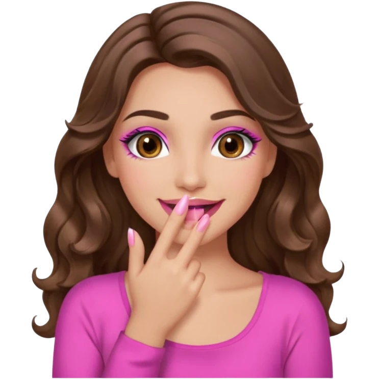 girl with long wavy brown hair, brown eyes, long lashes makeup, pink lips, light to medium complexion, pink sexy top, smiling, hand covering the mouth, emoji