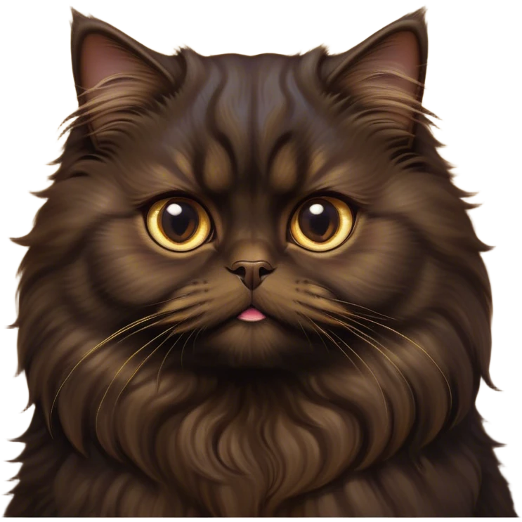 Cinematic Adorable Big-Eyed Fluffy Dark Brown Persian Cat Portrait Emoji, Head tilted playfully with a sweet expression, fluffy dark brown fur with rich caramel and gold undertones, Simplified yet irresistibly cute features with large, expressive eyes, highly detailed, glowing with a warm and gentle glow, high shine, a mix of affectionate and curious, stylized with a touch of whimsy, bright and full of charm, soft glowing outline, capturing the essence of a fluffy, loving kitty with oversized eyes, so endearing it feels like it could leap out of the screen and cuddle with you instantly! emoji