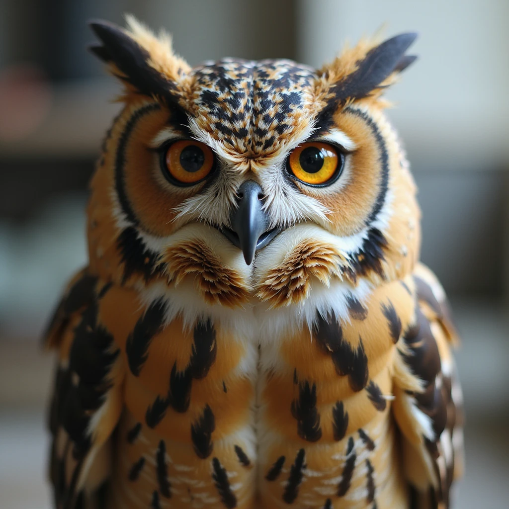 realistic wise owl smiling and making the saranghae (Korean finger heart) sign, detailed feathers and lifelike expression, photorealistic, naturalistic style emoji