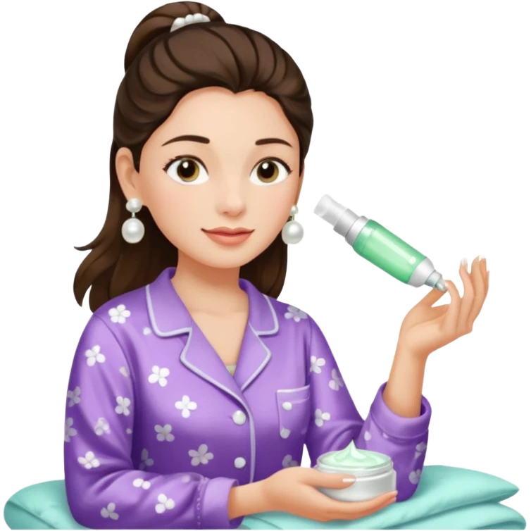 Clean girl aesthetic emoticons, apply skincare products, pearl earrings, glowing skin, pajamas, soft lighting emoji