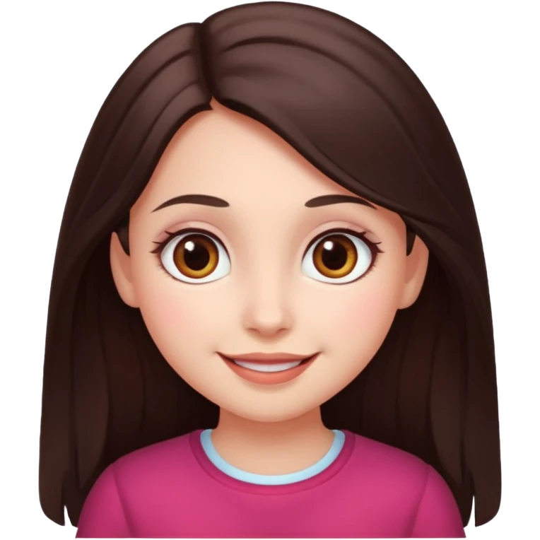 An emoji featuring a girl with dark brown long hair, brown big eyes, light pinkish skin, red cheeks,  emoji