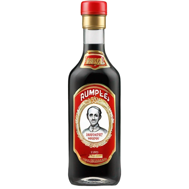 clear bottle of rumpleminze clear peppermint schnapps alcohol with a black label that has a red border and red font and the label also has a small gold eagle on the label that says “rumples” emoji