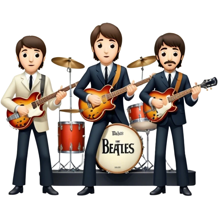 Rock music icon: The Beatles performing live on stage. John Lennon with guitar, Paul McCartney with bass, George Harrison with guitar, Ringo Starr on drums. Bright lights, energetic performance. Transparent background. emoji