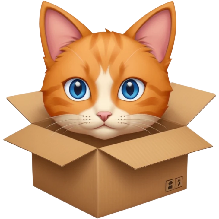 anime character cat that is orange cat, that its body is inside of a simple brown box. cats eyes are blue , but head is showing up. show half the box emoji