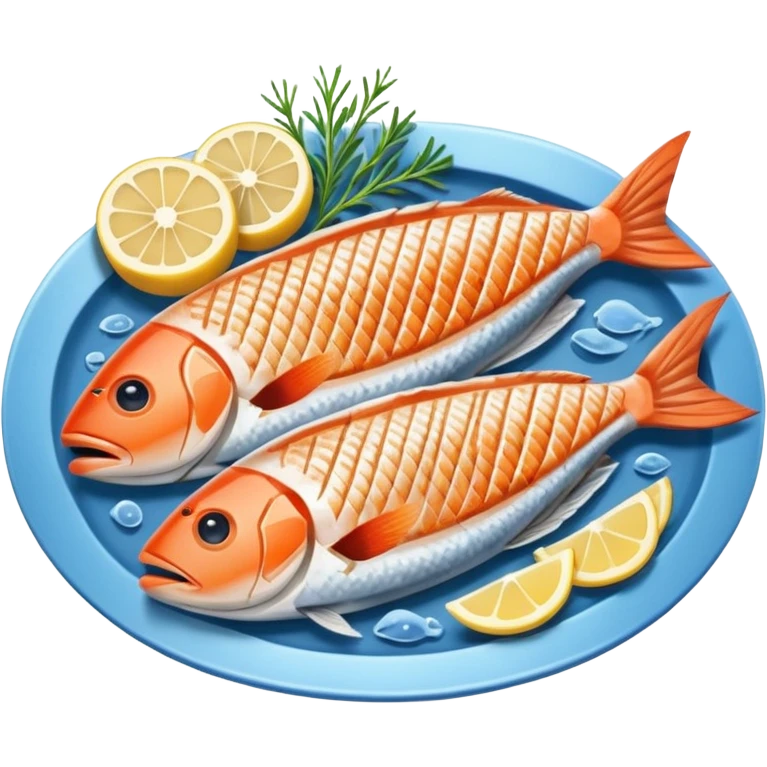 Fish dishes avatar in bright emoji-style illustration. Grilled fish, fillets, and seafood, blue and silver tones, simple shapes, flat design, fresh and flavorful. emoji