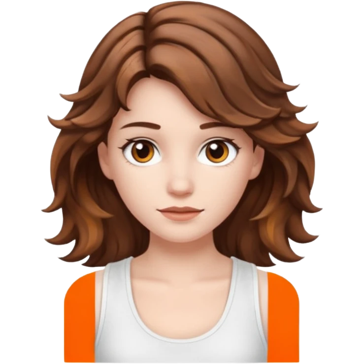 garota da cor branca com regata branca cabelos ondulados castanhos com mechas iluminadas e olhos castanhos emoji