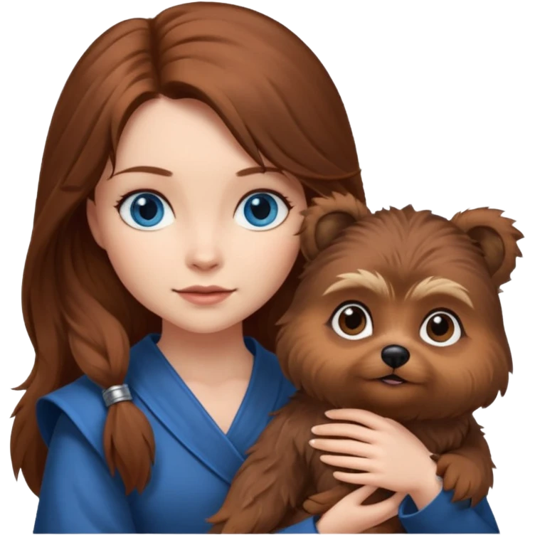 long hair chestnut color blue eyes woman holding small ewok dog emoji