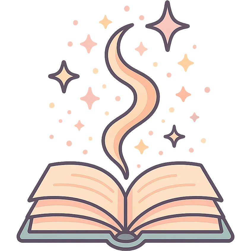 open book with magic flying out — swirl of light, stars, sparks, Chinese eastern style, thin clean outlines, soft rounded shapes, pastel palette #98B5BC, #B5B3C1, #C9A3C9, #E4C0CA, #F7DCD1, #F7C0AA, detailed shadows and highlights, soft lighting, transparent background, no decorative elements emoji