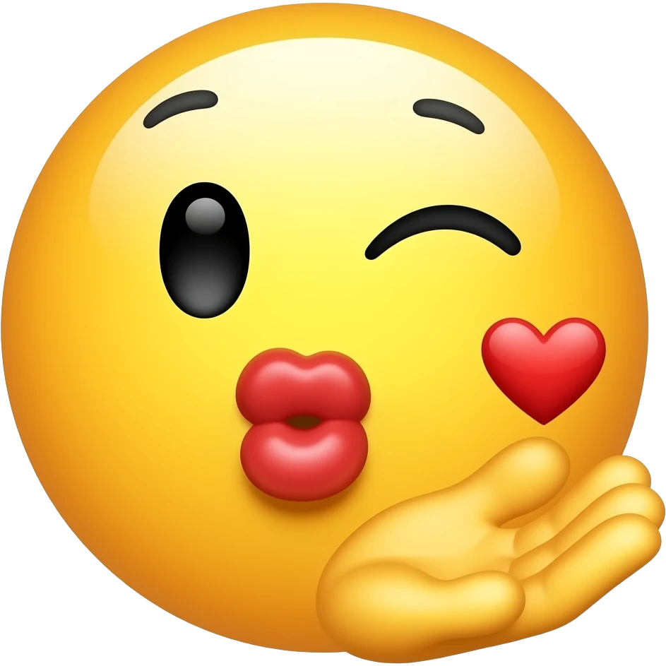 A yellow emoji face pucking their lips and winking one eye while positioning their open palm by their mouth to blow a kiss, followed by a small red heart next to the face near the hand emoji