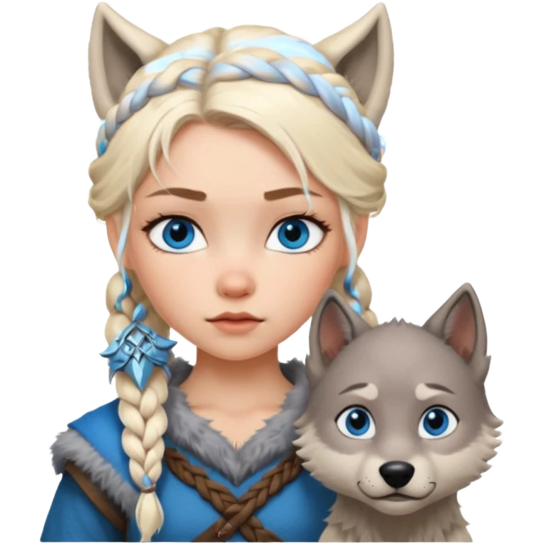 Viking platinum blonde girl with braid and blue eyes. Wolf pet emoji
