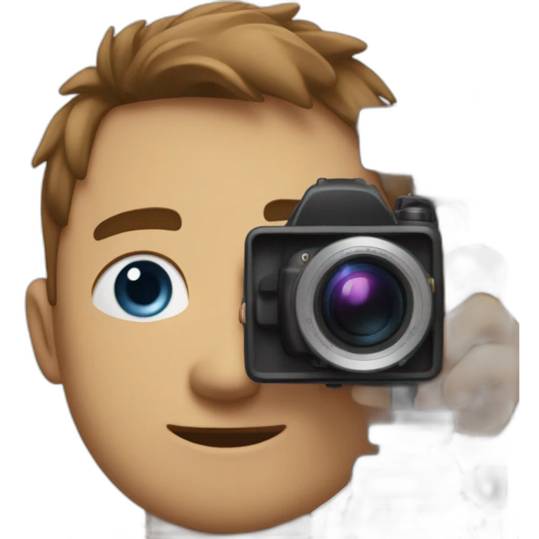 from the side man with camera, he was smiling and he have brown short hair, blue eyes and he was tall. up camera there is a text "dir by mlodyw"  emoji