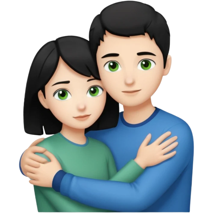 Make a couple hugging the girl is white with black hair with blue eyes hugging a boy with lightbrwn short hair with green eyes  emoji