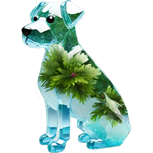 A dog made entirely of glass mirror crystals prisms glass transparent filled with plants as a terrarium emoji