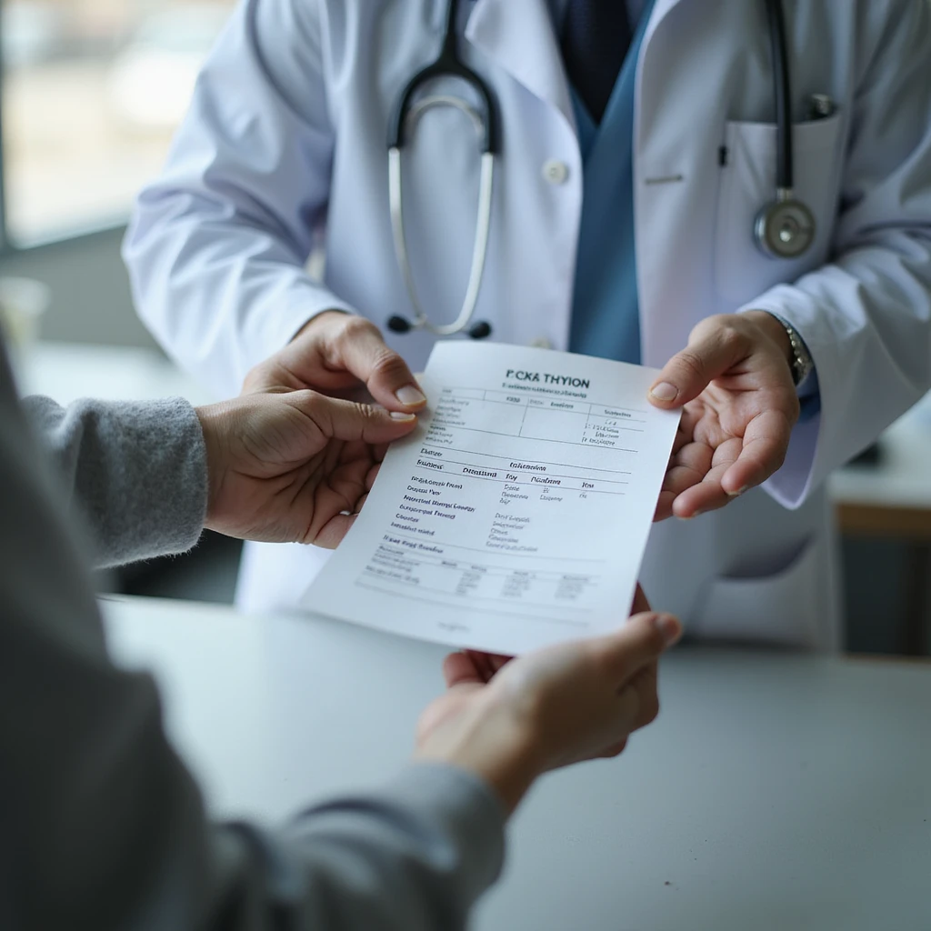 doctor handing the prescription to the patient, hands in close-up, 'Dried pig thyroid' visible on the paper, clinic environment, hyperrealistic 4K emoji