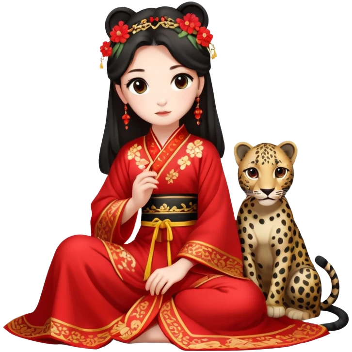 A beautiful girl in red Hanfu wedding dress sits on the ground holding a black leopard emoji