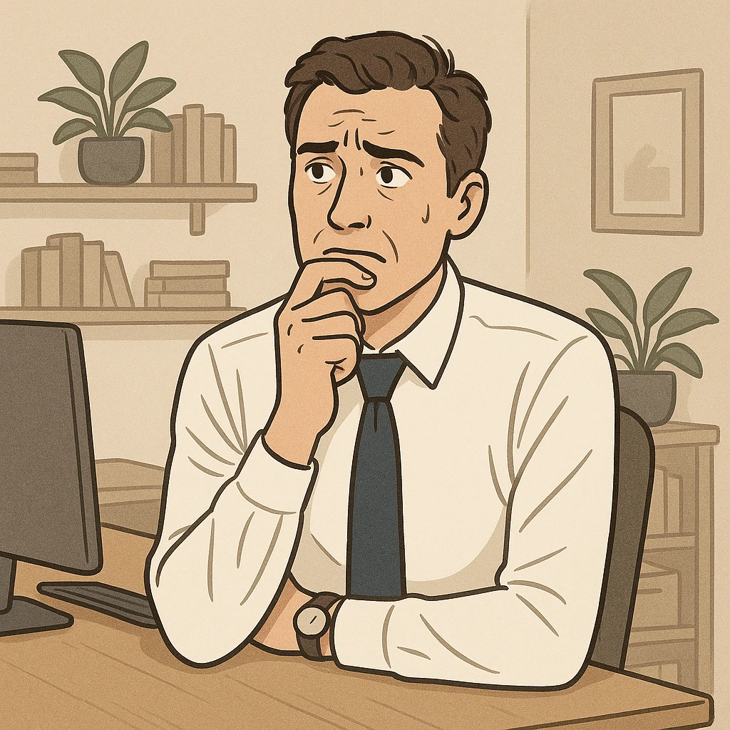 a man hesitating with a decision, looking stressed, business attire, expressive face, home office background, suitable for branding emoji