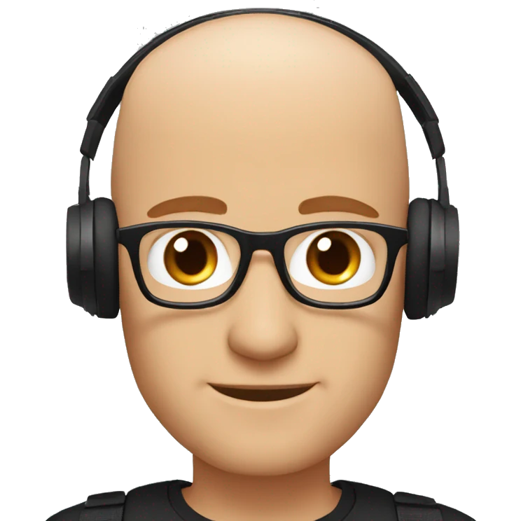 bald man, blue eyes, smiling with red patchy beard, wearing black framed glasses, wearing big black headphones emoji