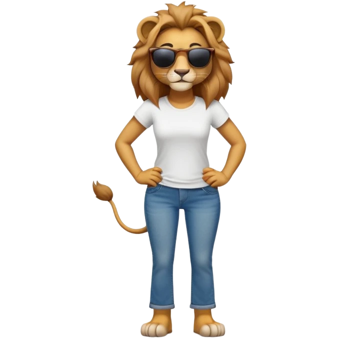 friendly anthropomorphised female lion character, full body, standing confidently with legs shoulder width apart and hands on hips, wearing jeans, a white t-shirt, and dark sunglasses, with a confident smile emoji