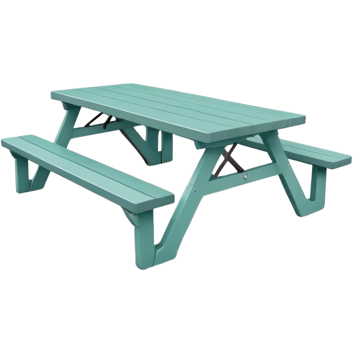 simple rectangular picnic table with attached benches, soft teal color, white end caps on table and benches, all legs straight, small wheels underneath, flat wood-style silhouette, muted teal tone, clean geometry, minimal shading emoji