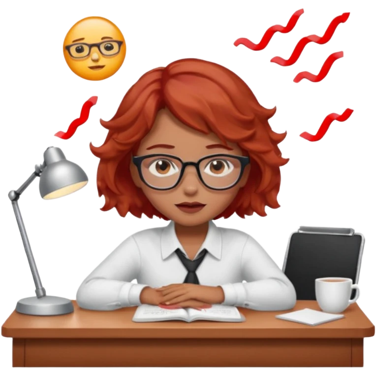 Pretty model, brown eyes, soft red short wavy hair, falling asleep at desk, wearing glasses emoji
