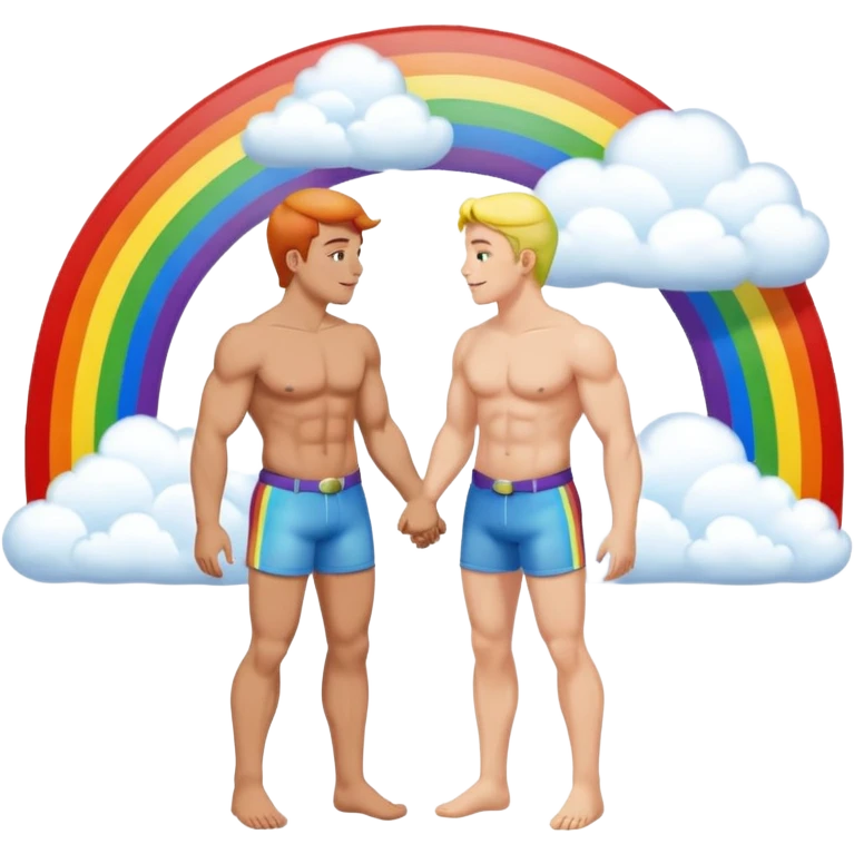 make 2 seductive men kissing and holding hands on a rainbow with clouds emoji