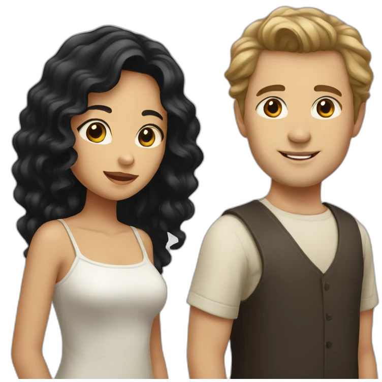 Indonesian girl with long black hair and white man with short brown curly hair emoji