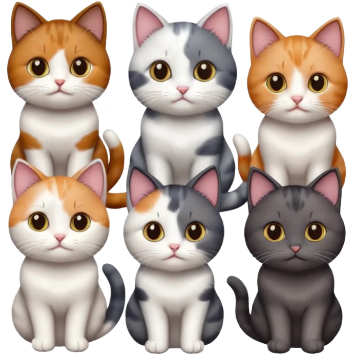 5 different coloured short haired cats including; a dark brown and white cat, and a dark grey and white, and a calico emoji