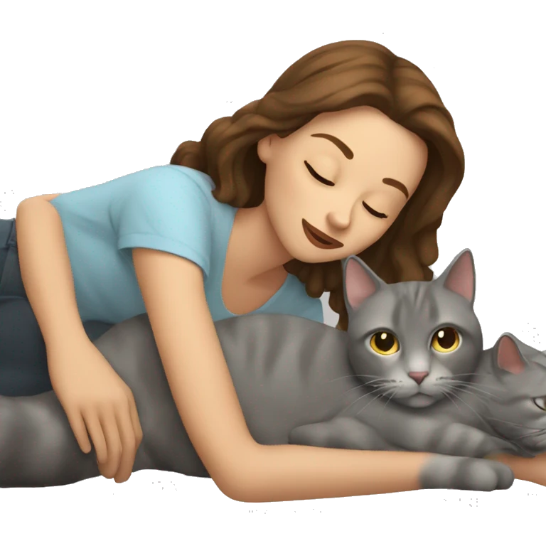 Woman with brown hair laying down with a gray cat emoji