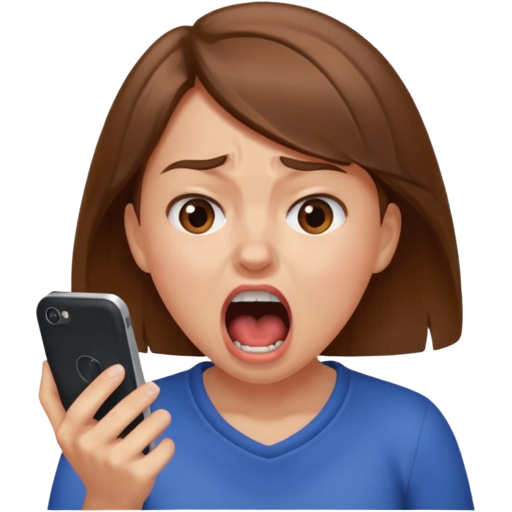 upset girl screaming at her phone, mouth wide open, frustration visible emoji