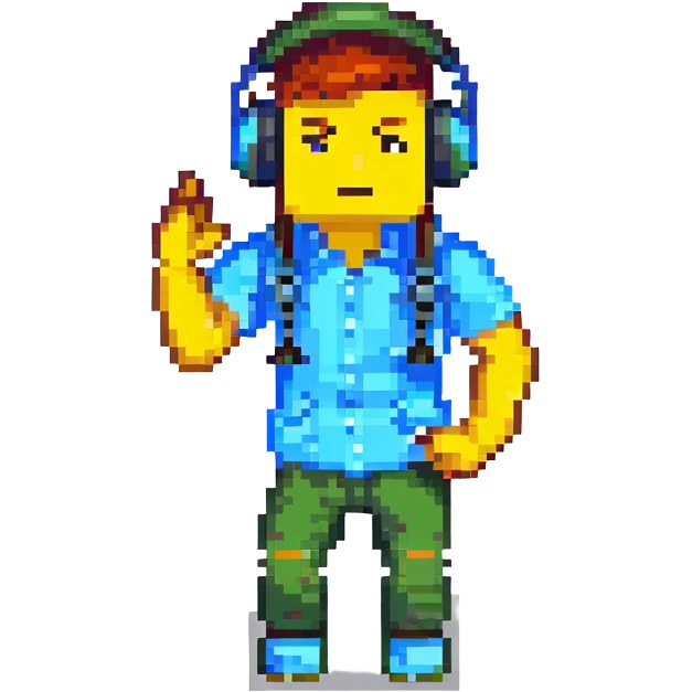roblox character, blocky avatar, with headphones, energetic stance, white background emoji