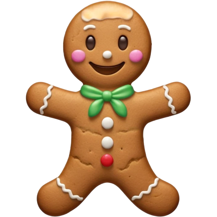 {
    "type": "object",
    "look": "gingerbread man, icing smile, cookie texture, front view",
    "description": "a cheerful gingerbread cookie shaped like a man, smiling with white icing details"
  } emoji
