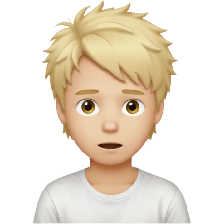 create boy blonde hair messy, light eyes, white t shirt, mouth slightly open to the left emoji