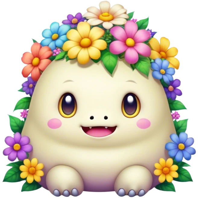 Kawaii derpy fat rainbow monster surrounded by magical flowers, rich textures, visually rich, so lifelike that it feels like it could leap off the page at any moment emoji