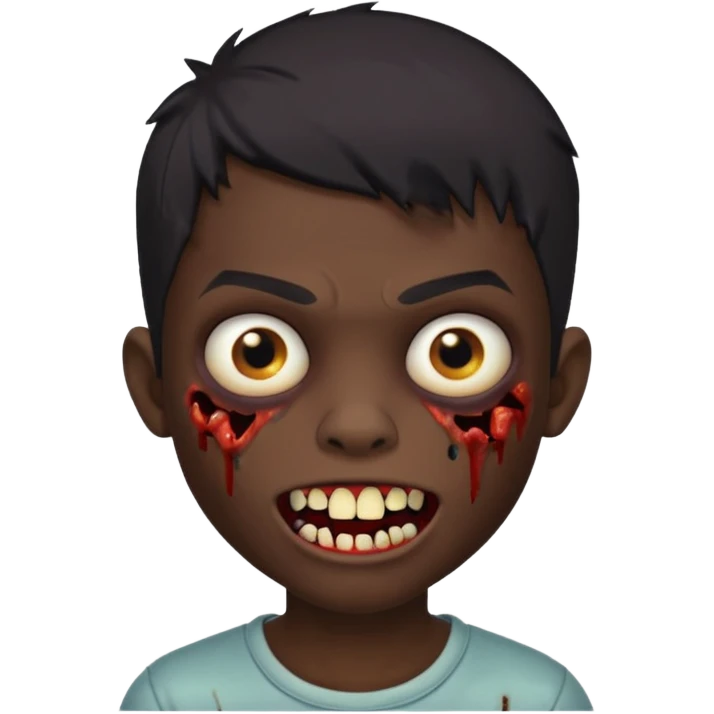 Make a boy zombie dark skin and short black 4c hair, showing a grilz teeth emoji