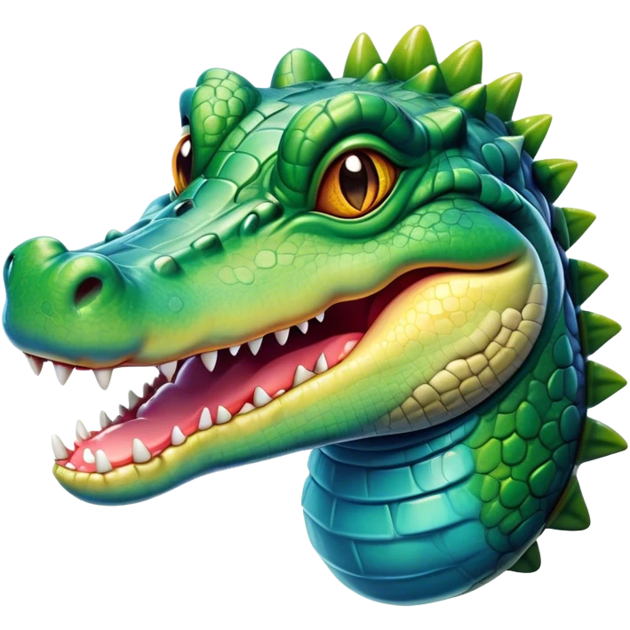 Cinematic Realistic Comical Crocodile Portrait Emoji, Head tilted dramatically with an exaggeratedly amused expression, featuring a striking, glossy scaly hide with bold textures and wide, expressive eyes full of playful disbelief, rendered with vivid natural hues and lifelike detail, high shine, dramatic yet playful, styled with an air of cheeky aquatic mischief, soft glowing outline, capturing the essence of a spirited and over‐the‐top crocodile that looks ready to snap its jaws in a burst of viral wild humor! emoji