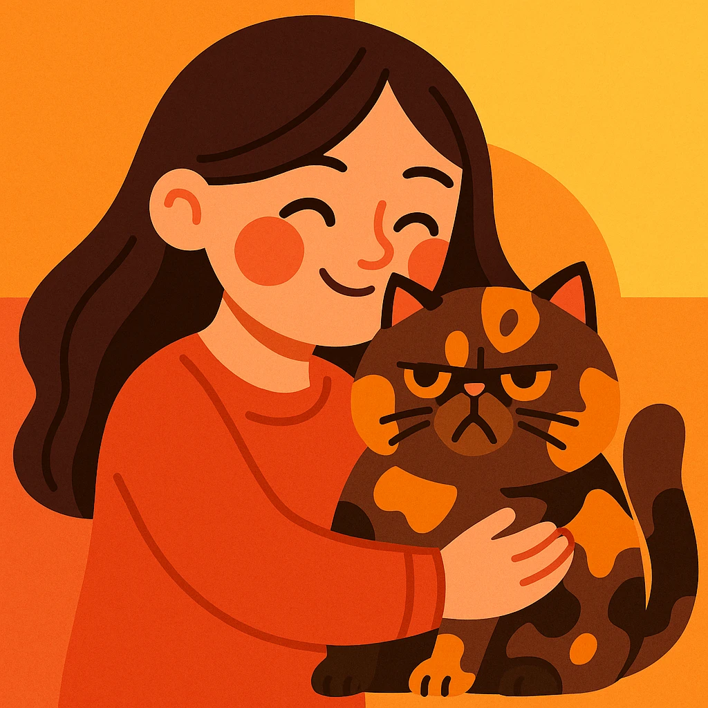 brunette girl snuggling a tortoiseshell Persian cat, cartoon style, warm and affectionate emoji