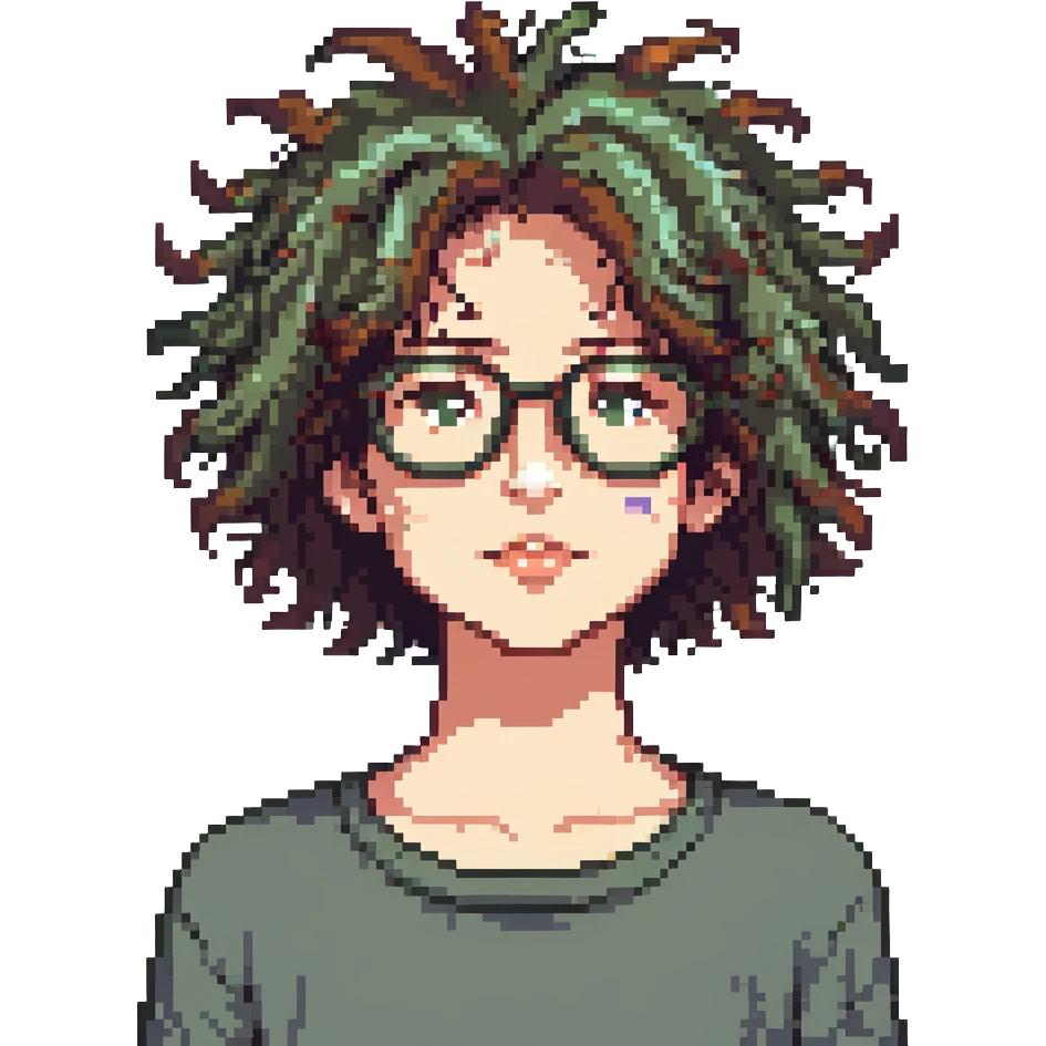 computer nerd icon, thick glasses, messy hair, playful, pixel art style emoji