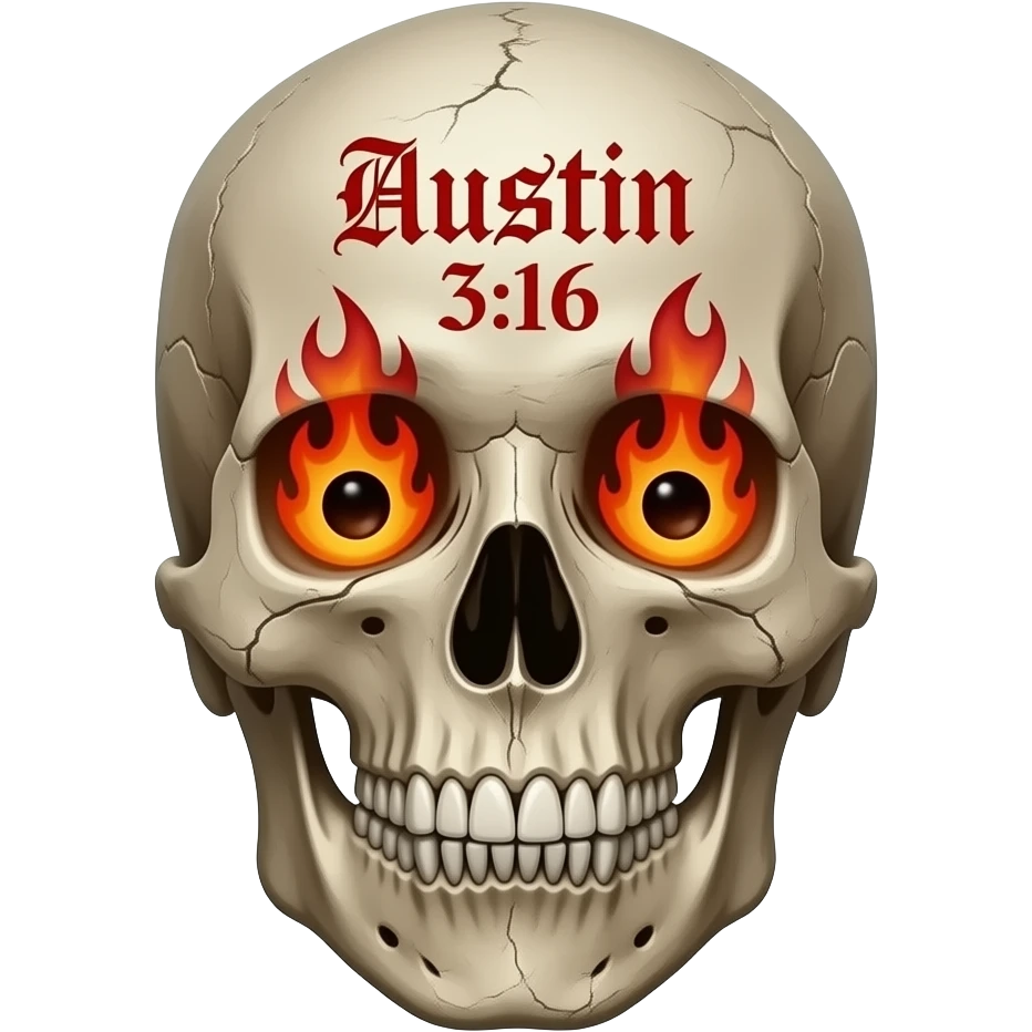 human skull, partially missing top, jaw slightly open, teeth chipped, Austin 3:16 carved in forehead, eye & nose cavity with flames, words a bright red Gothic font, entire skull is aged, sun dried, weathered emoji