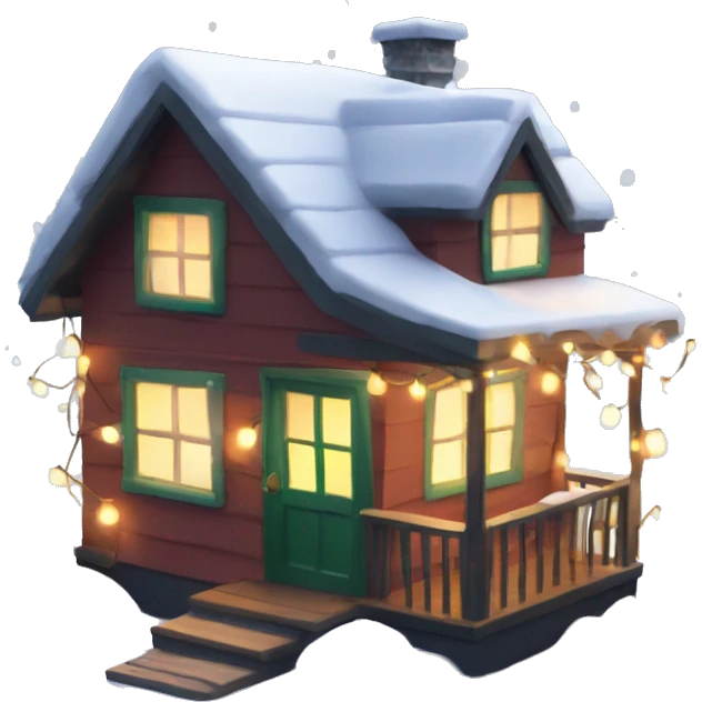 Cozy Tiny House in the Snow with Christmas lights on the roof  emoji