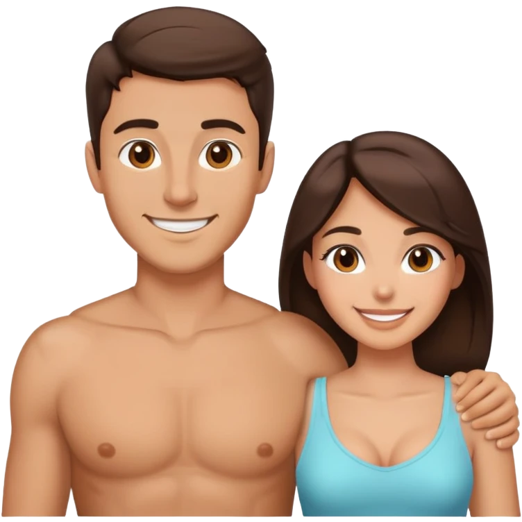 Attractive brunette man and woman with tan skin from chest up, smiling at camera emoji