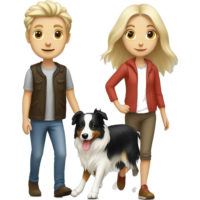 Blond white couple (long hair girl) walking tricolor border collie emoji