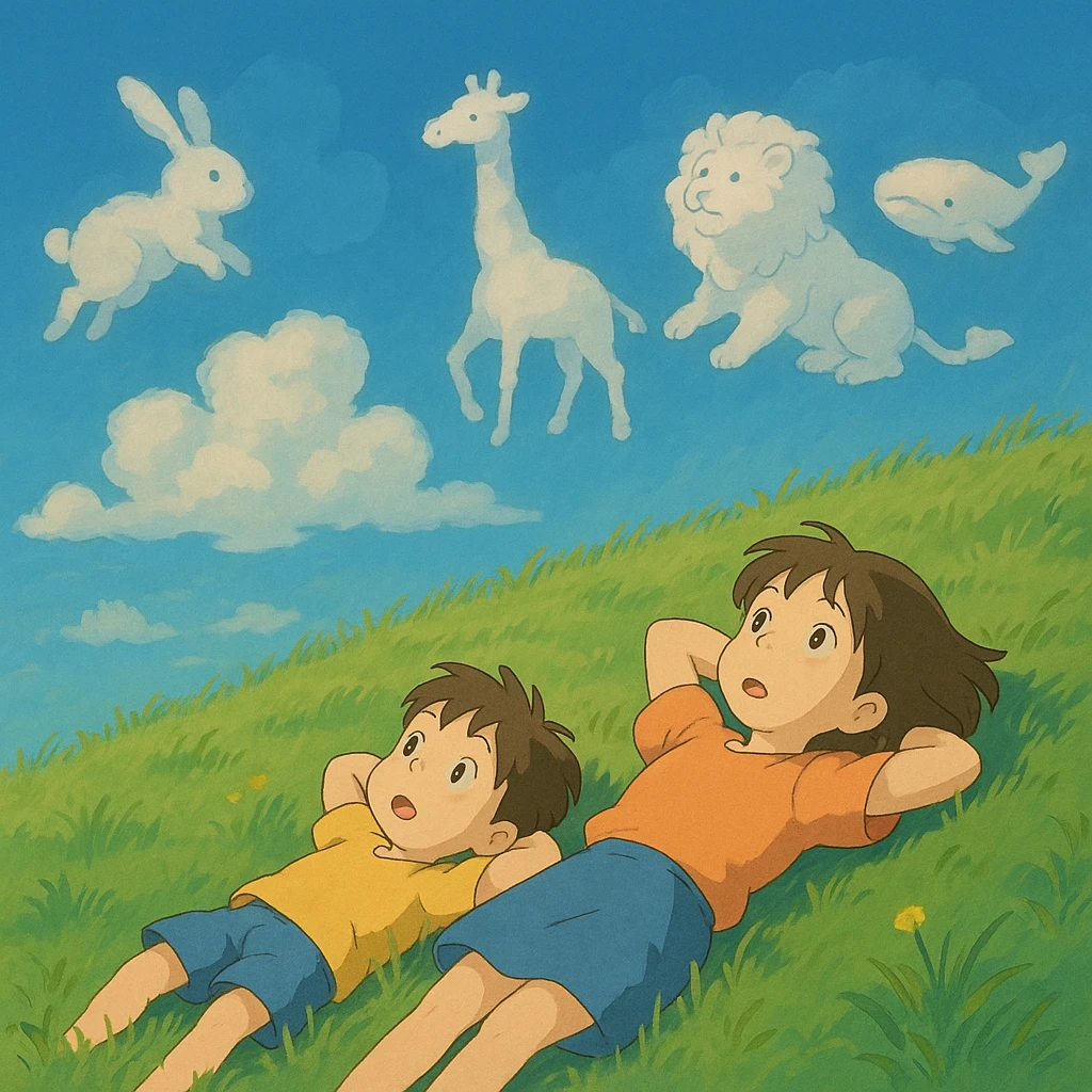 Two siblings lying on a grassy hill, gazing up at drifting cloud animals. emoji