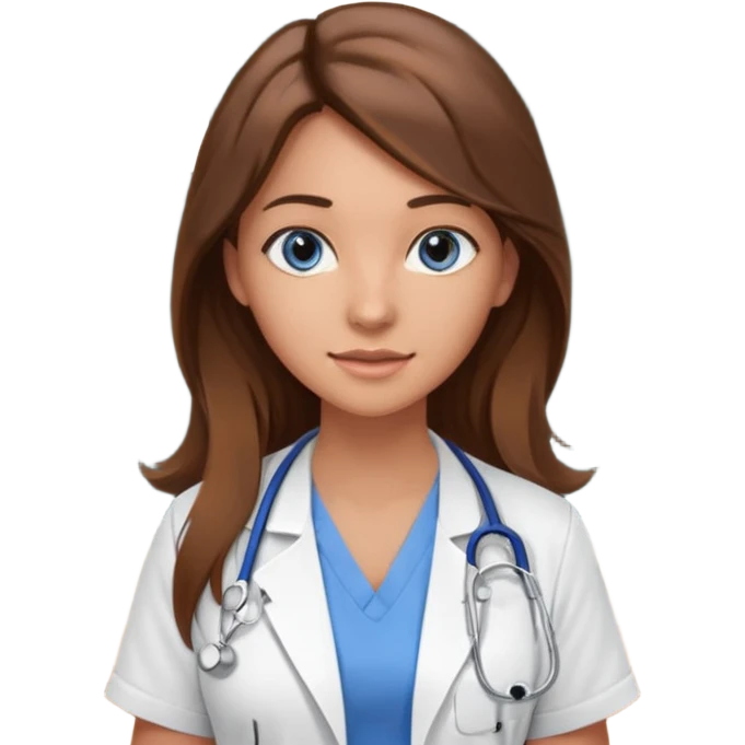 inside a classroom at university that says nursing school on the board with a pretty female nursing student with long brown hair, blue eyes emoji