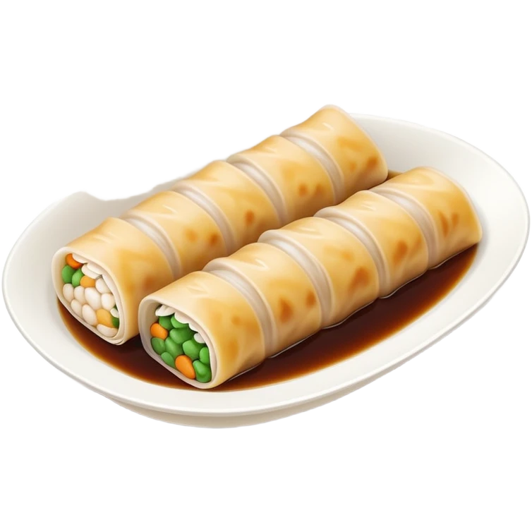 Guangzhou rice noodle roll Cheung Fun with soy sauce, simplified emoji style with bold outlines and bright colors, cartoon style dim sum specialty emoji
