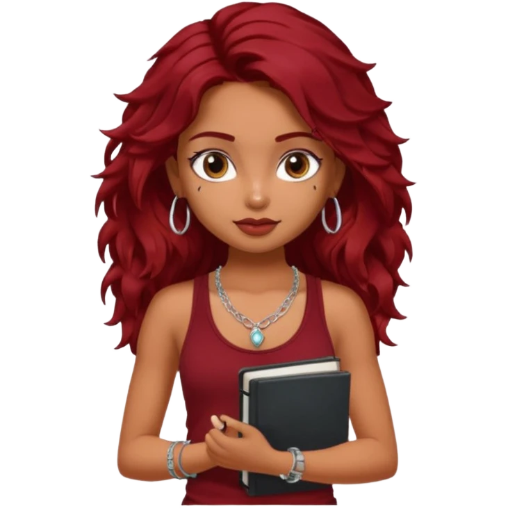 a pretty tan indian bratz girl with messy dark wavyred hair, wearing a dark red tank top, layered silver necklaces. Carrying multiple sketchbooks emoji